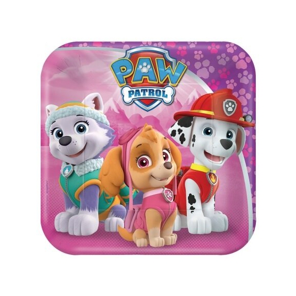 Paw Patrol Papieren Bordjes Roze Vierkant 18cm, 8 stuks