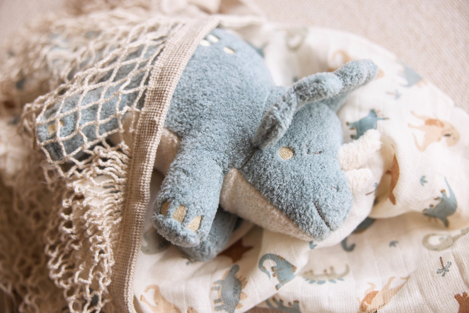 Knuffel Dino met Geluid en Palmboom - Grijs Blauw - afbeelding 9
