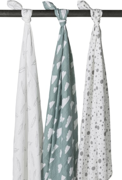 Meyco 3-pack hydrofiele swaddles - Feathers-Clouds-Dots 