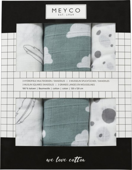 Meyco 3-pack hydrofiele swaddles - Feathers-Clouds-Dots 