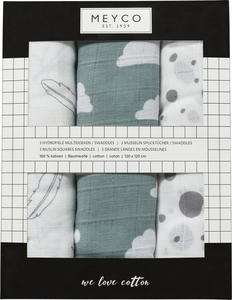 3-pack hydrofiele swaddles- Feathers-Clouds-Dots - afbeelding 3