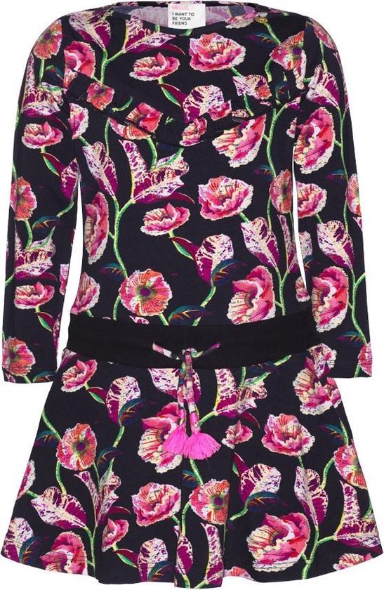 Meisjes Jurk - Zwart, roze en groen - Maat 92