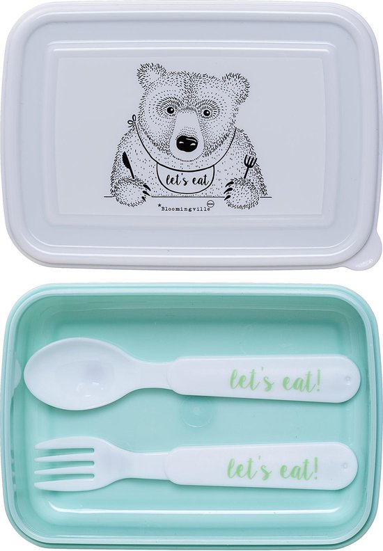 Lunch Box w/Cutlery, Green, Plastic